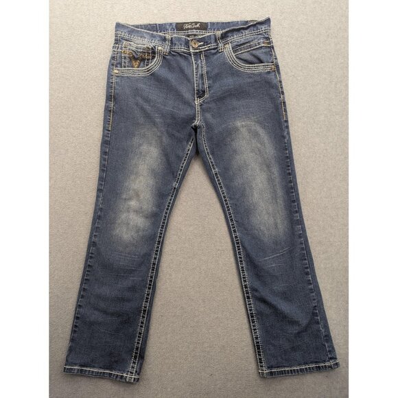 True Luck Jeans Mens 34x30 Blue Straight Leg Denim Contrast Stitch Embroidered - Picture 1 of 15